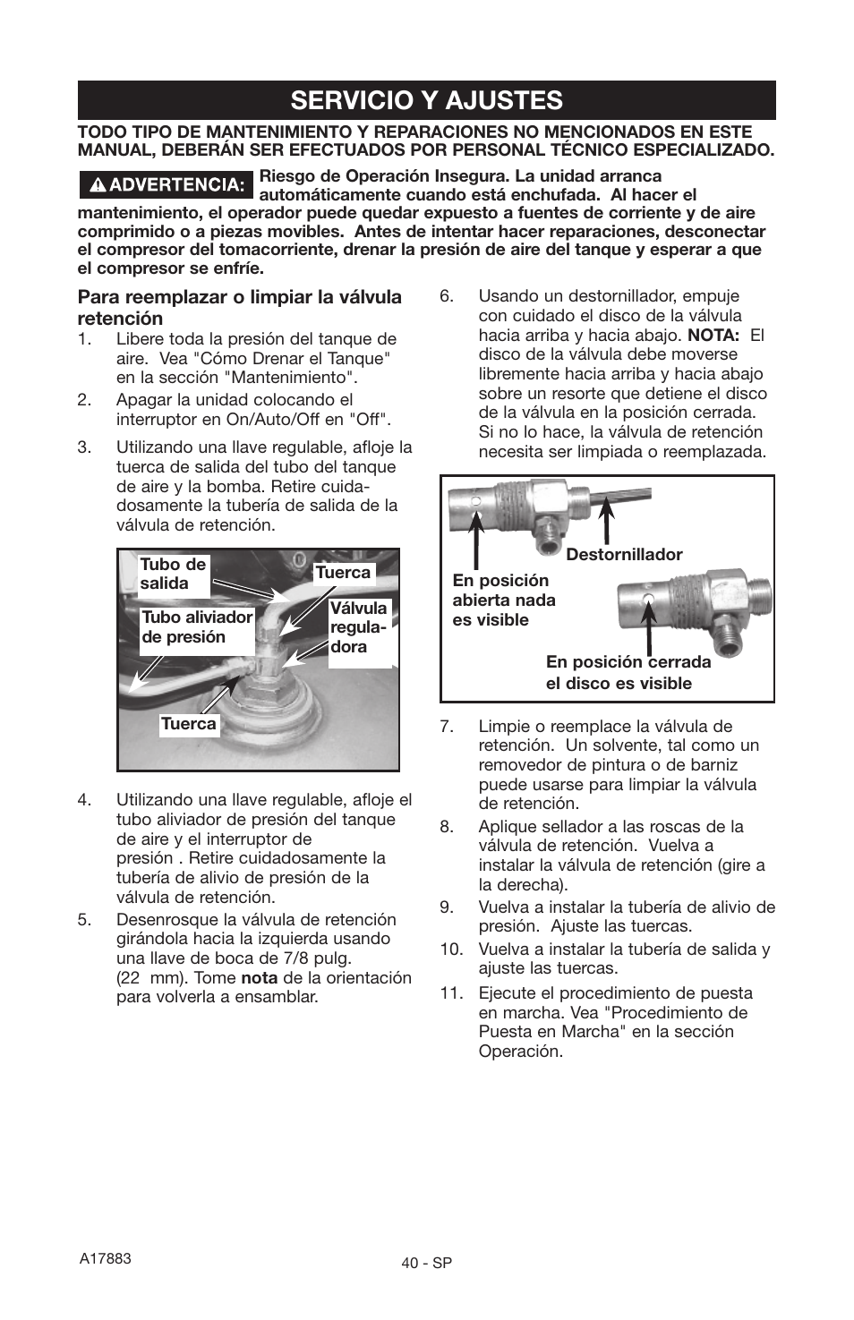 Servicio y ajustes | Craftsman PERMANENTLY LUBRICATED TANK MOUNTED AIR COMPRESSOR 919.167321 User Manual | Page 36 / 44