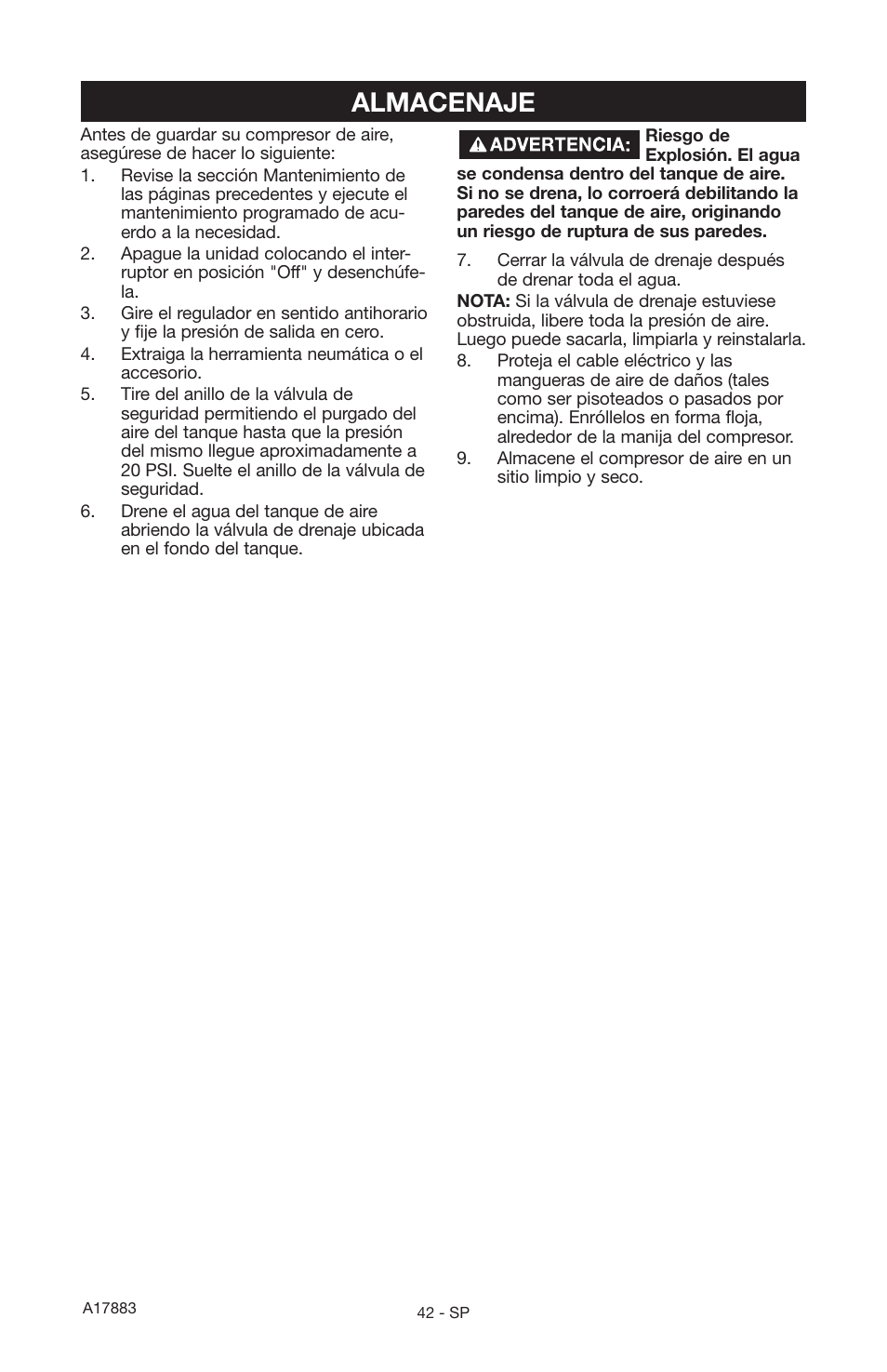 Almacenaje | Craftsman PERMANENTLY LUBRICATED TANK MOUNTED AIR COMPRESSOR 919.167321 User Manual | Page 38 / 44