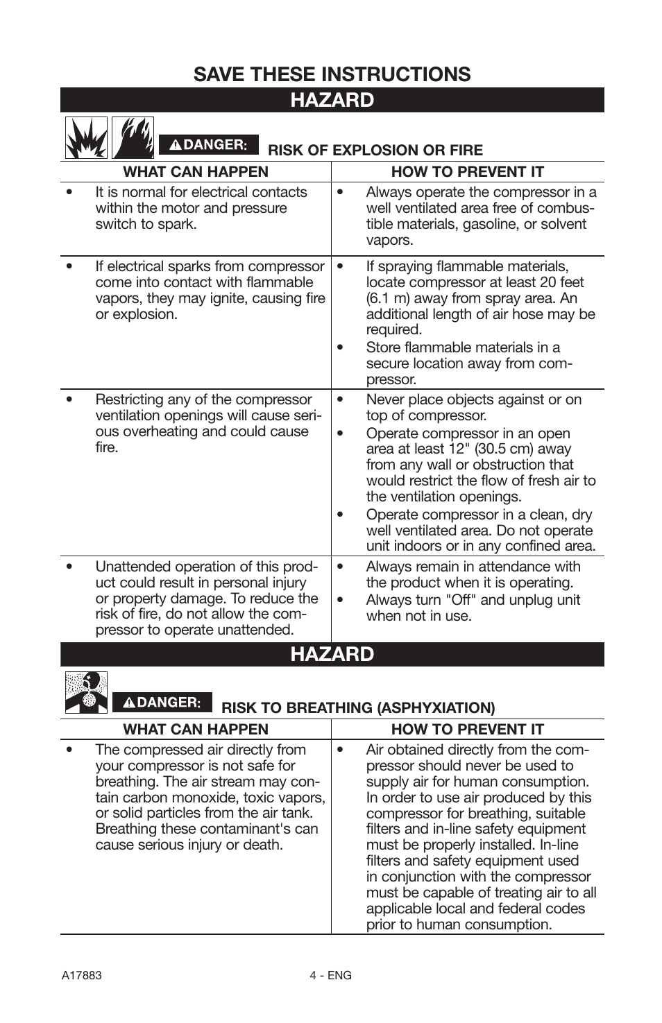 Save these instructions hazard, Hazard | Craftsman PERMANENTLY LUBRICATED TANK MOUNTED AIR COMPRESSOR 919.167321 User Manual | Page 4 / 44