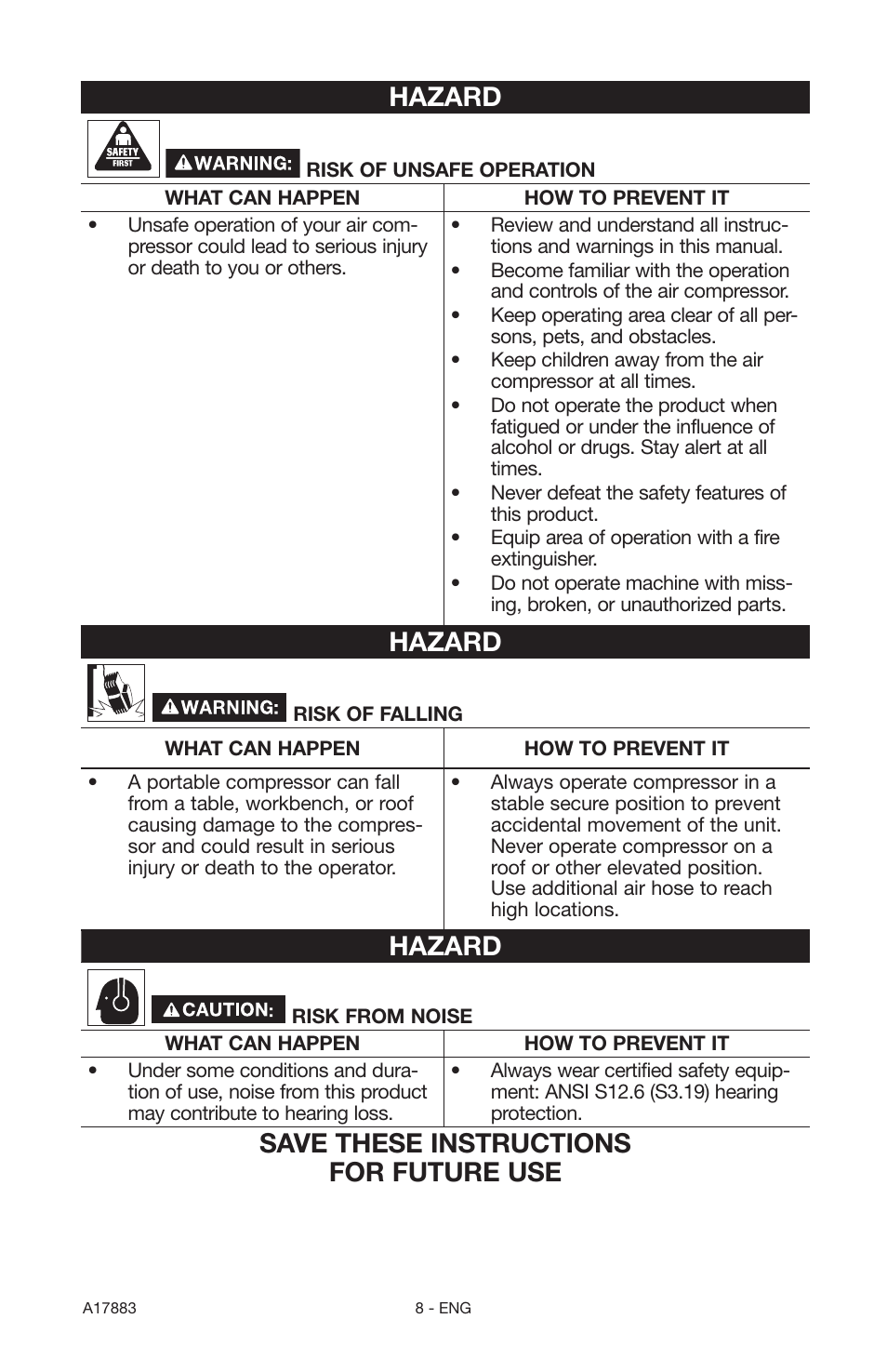 Hazard, Save these instructions for future use | Craftsman PERMANENTLY LUBRICATED TANK MOUNTED AIR COMPRESSOR 919.167321 User Manual | Page 8 / 44