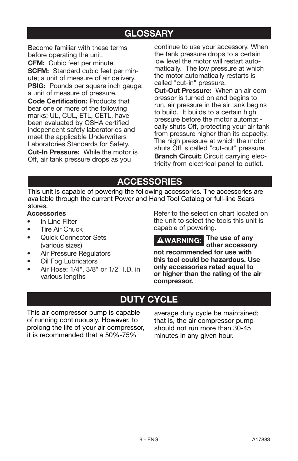 Glossary, Accessories, Duty cycle | Craftsman PERMANENTLY LUBRICATED TANK MOUNTED AIR COMPRESSOR 919.167321 User Manual | Page 9 / 44