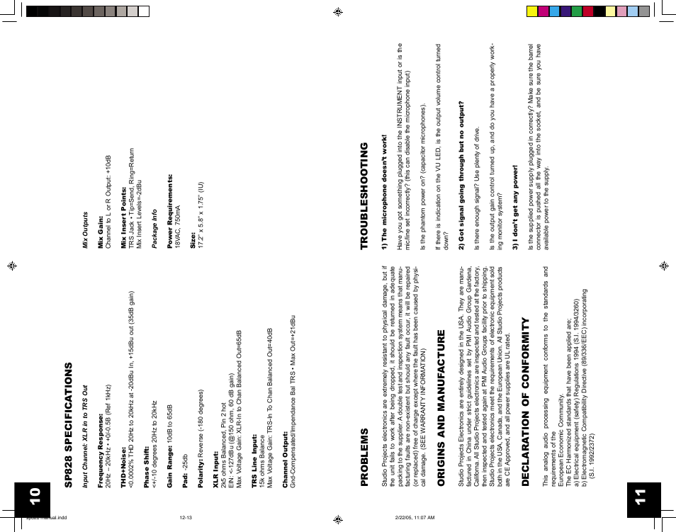 Pr oblems, Origins and manuf a cture, Declara tion of conformity | Tr oubleshoo ting, Sp828 specifica tions | Studio Projects SP828 User Manual | Page 6 / 8