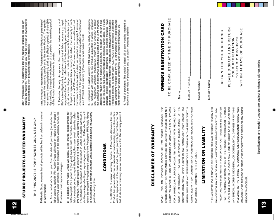 Disclaimer of warranty, Limit a tion on liability, Owners registra tion card | Conditions, Studio pr ojects limited warranty | Studio Projects SP828 User Manual | Page 7 / 8