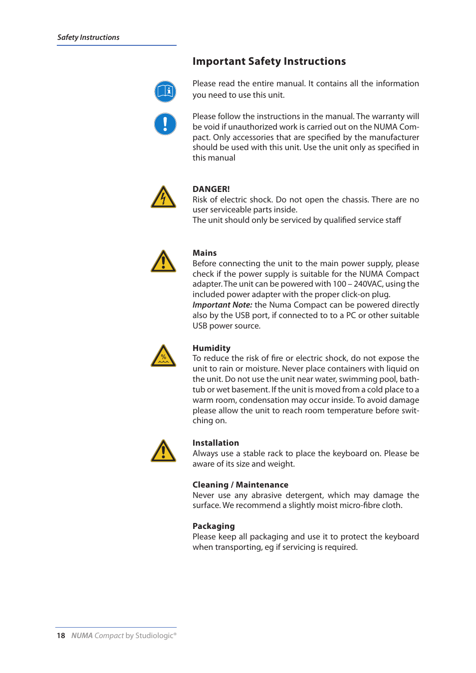 Important safety instructions | Studiologic Numa Compact Manual User Manual | Page 18 / 53