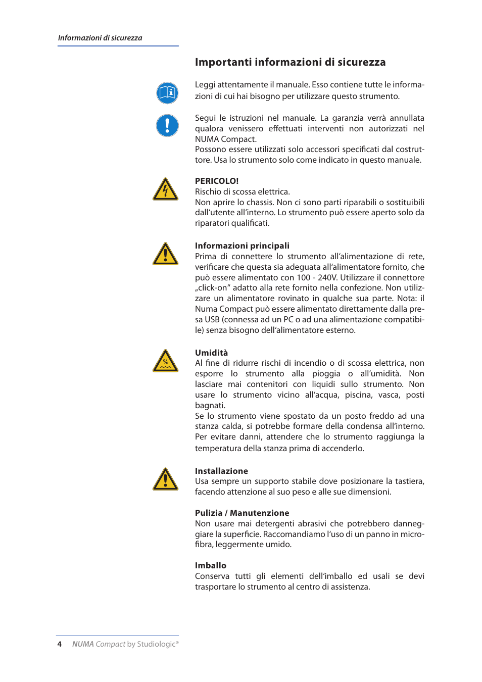 Importanti informazioni di sicurezza | Studiologic Numa Compact Manual User Manual | Page 4 / 53