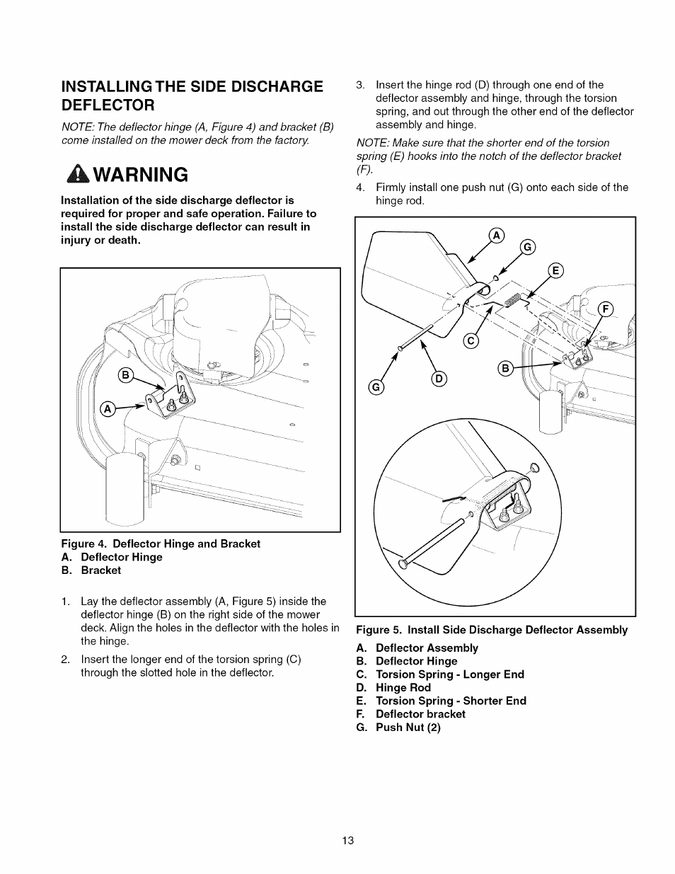 Installing the side discharge deflector, Warning | Craftsman 107.289920 User Manual | Page 13 / 120