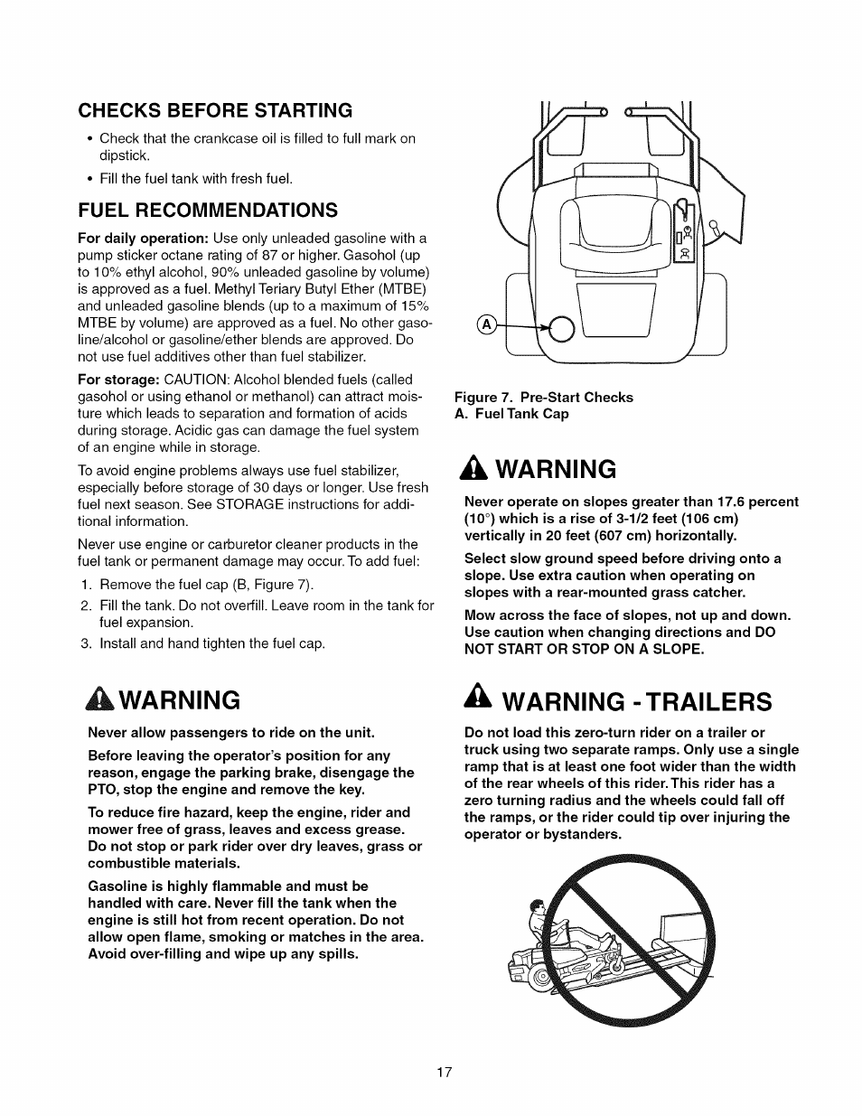 Checks before starting, Fuel recommendations, A warning | Warning, A warning -trailers, Warning -trailers | Craftsman 107.289920 User Manual | Page 17 / 120