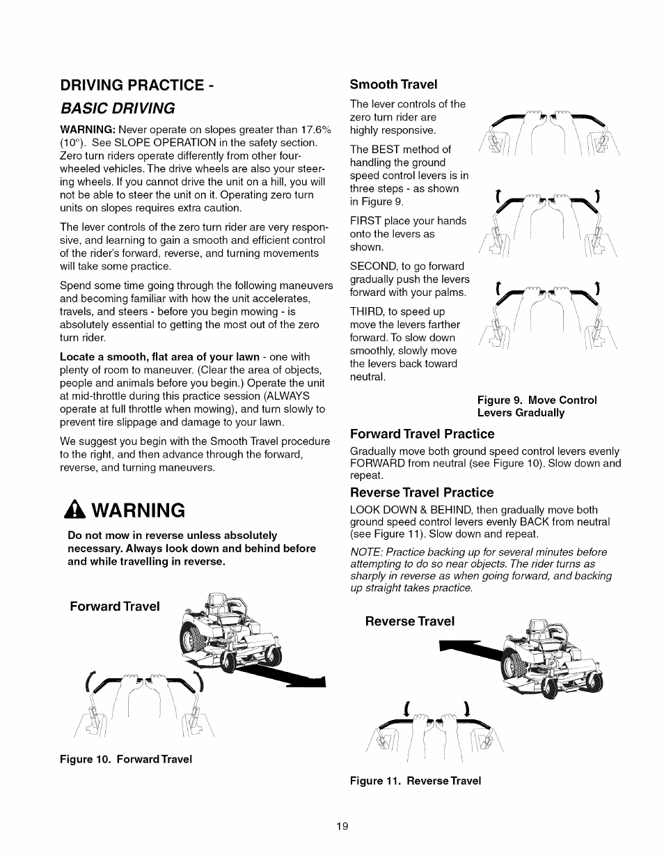 Driving practice - basic driving, A warning, Forward travel | Smooth travel, Forward travel practice, Reverse travel practice, Reverse travel, Warning | Craftsman 107.289920 User Manual | Page 19 / 120