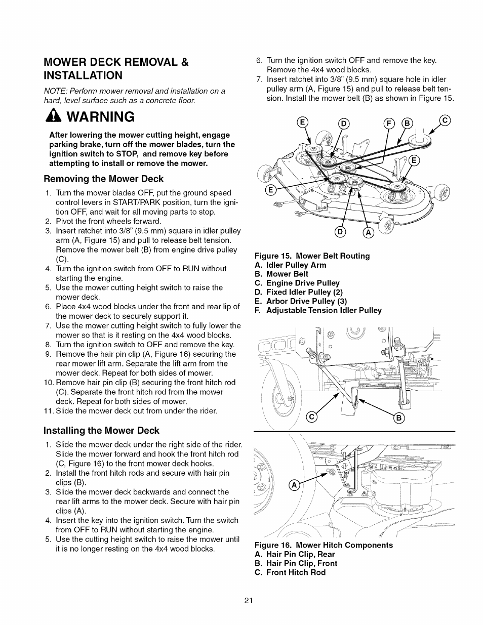 Mower deck removal & installation, A warning, Removing the mower deck | Installing the mower deck, Warning | Craftsman 107.289920 User Manual | Page 21 / 120