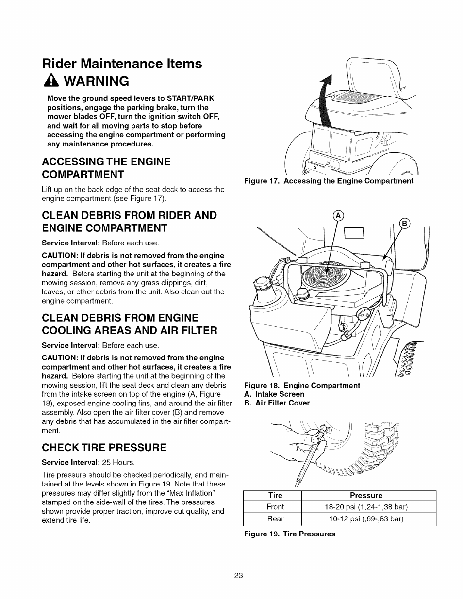 Rider maintenance items a warning, Accessing the engine compartment, Clean debris from rider and engine compartment | Checktire pressure, Rider maintenance items, Warning | Craftsman 107.289920 User Manual | Page 23 / 120