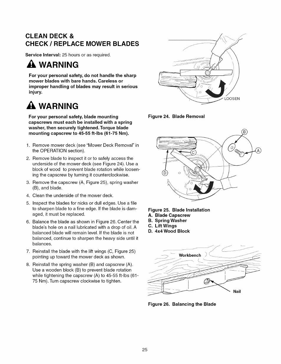 Clean deck, Check / replace mower blades, A warning | Warning | Craftsman 107.289920 User Manual | Page 25 / 120