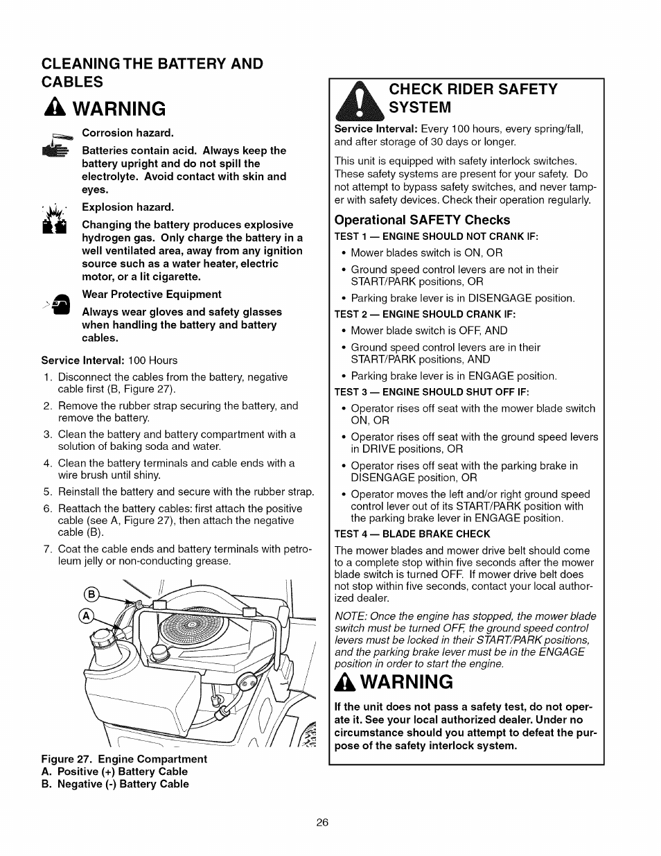 Cleaning the battery and cables, A warning, Warning | Check rider safety system | Craftsman 107.289920 User Manual | Page 26 / 120
