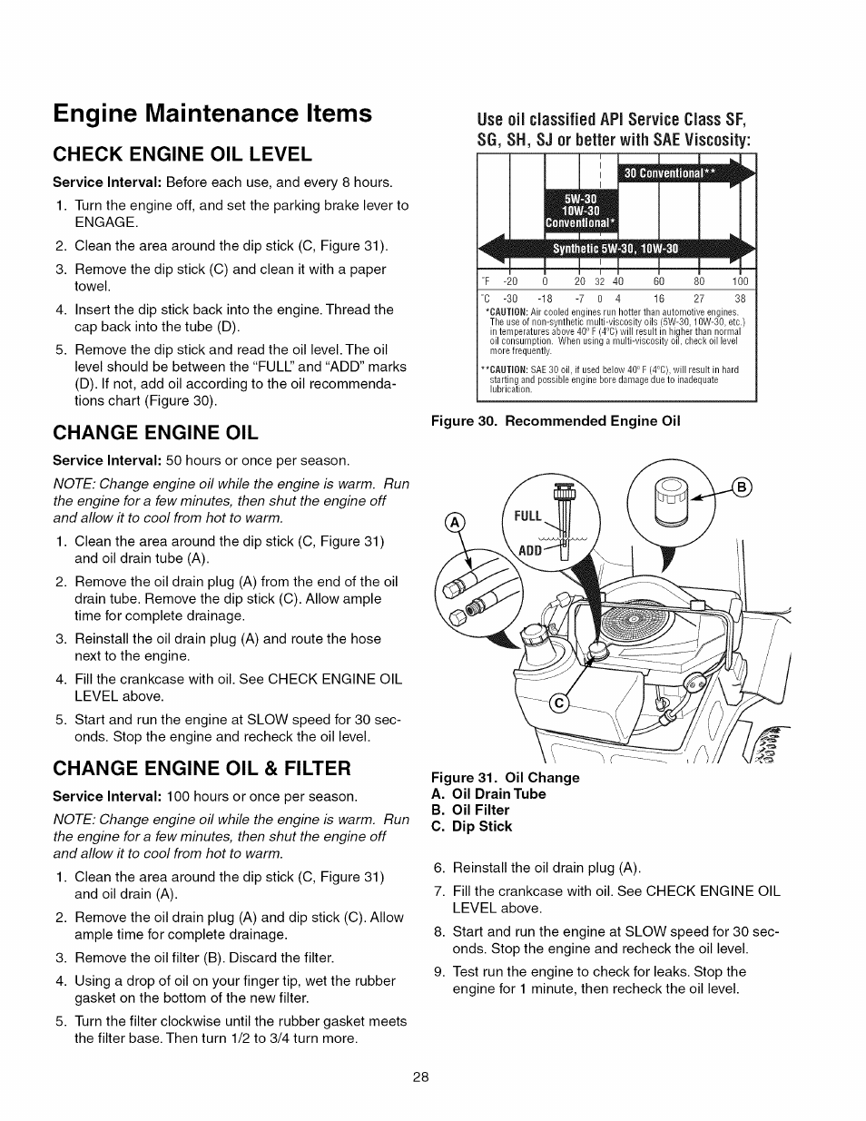 Engine maintenance items, Check engine oil level, Change engine oil | Change engine oil & filter | Craftsman 107.289920 User Manual | Page 28 / 120