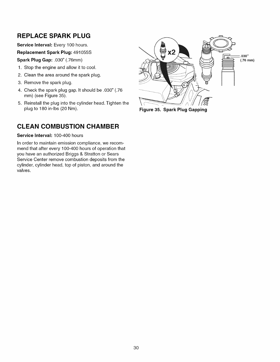 Replace spark plug, Clean combustion chamber | Craftsman 107.289920 User Manual | Page 30 / 120