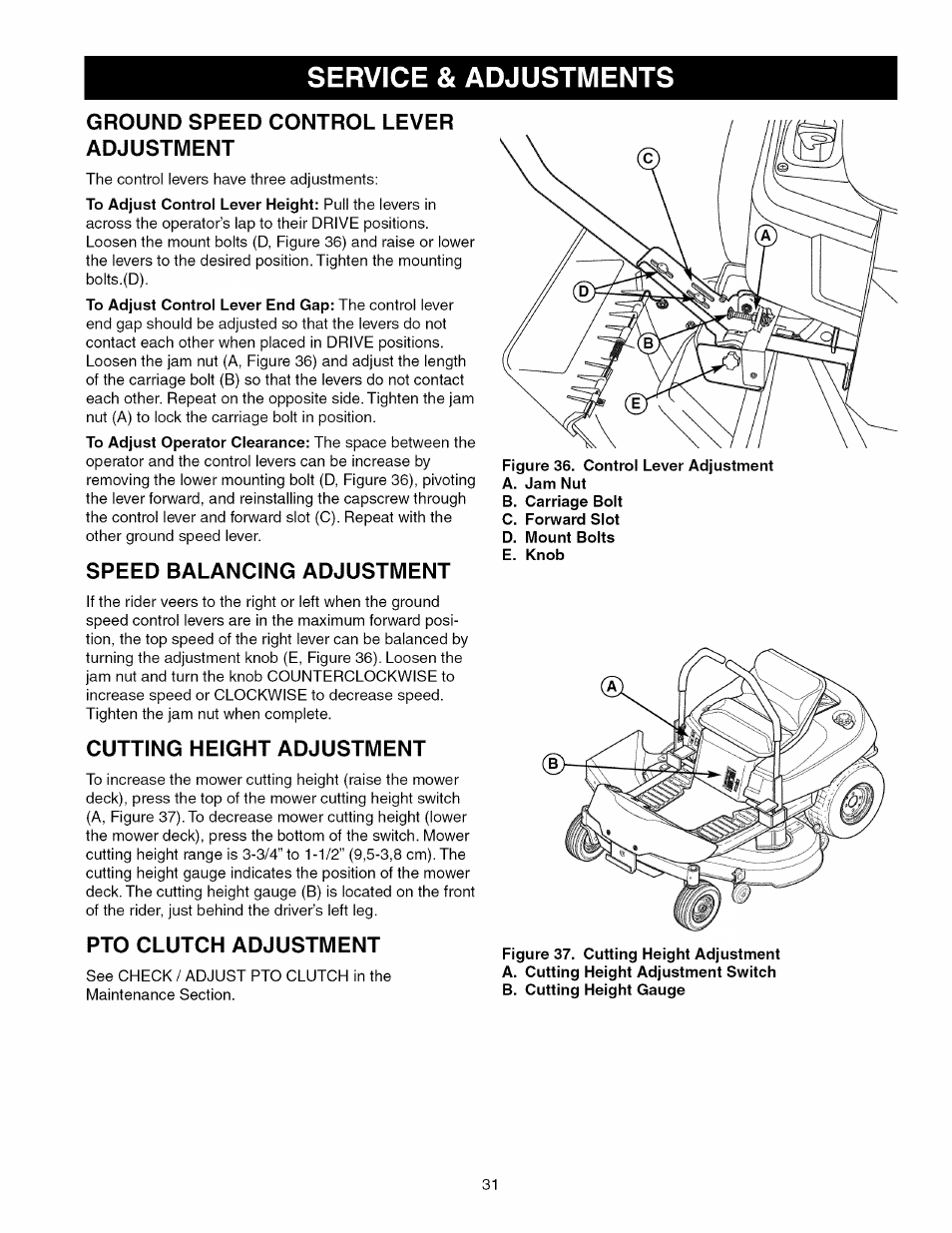 Service & adjustments, Ground speed control lever adjustment, Speed balancing adjustment | Cutting height adjustment, Pto clutch adjustment | Craftsman 107.289920 User Manual | Page 31 / 120