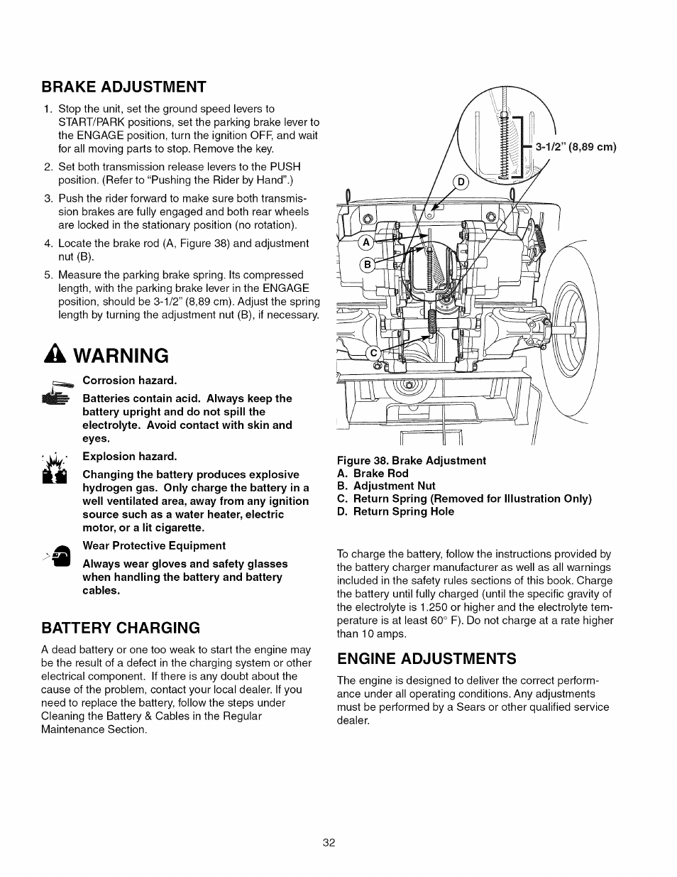 Brake adjustment, A warning, Battery charging | Engine adjustments | Craftsman 107.289920 User Manual | Page 32 / 120