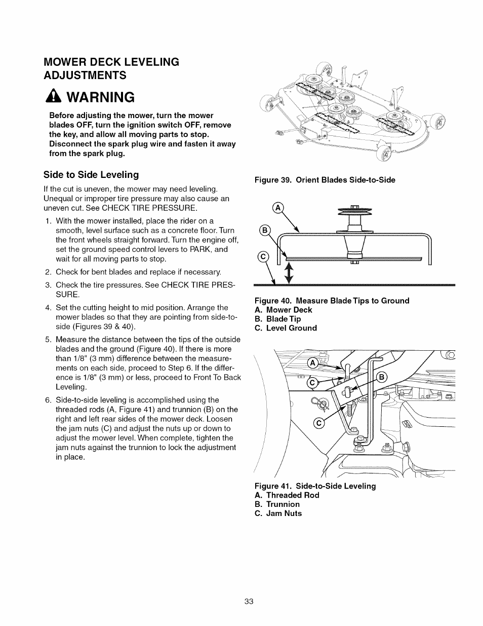 Mower deck leveling adjustments, A warning, Side to side leveling | Warning | Craftsman 107.289920 User Manual | Page 33 / 120