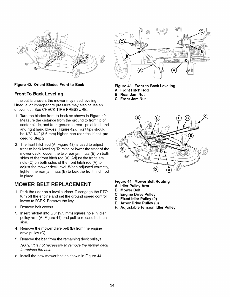 Front to back leveling, Mower belt replacement | Craftsman 107.289920 User Manual | Page 34 / 120