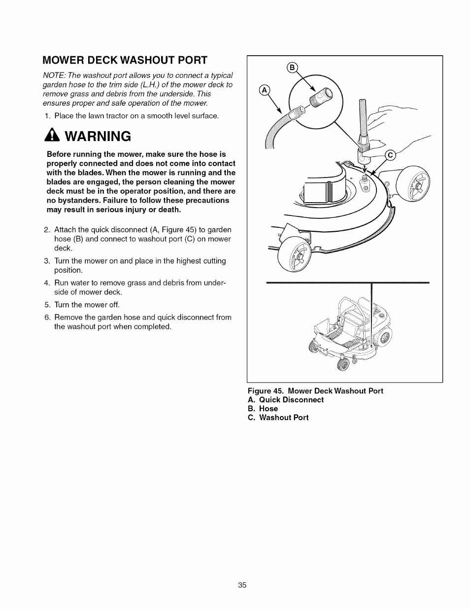 Mower deck washout port, A warning, Warning | Craftsman 107.289920 User Manual | Page 35 / 120