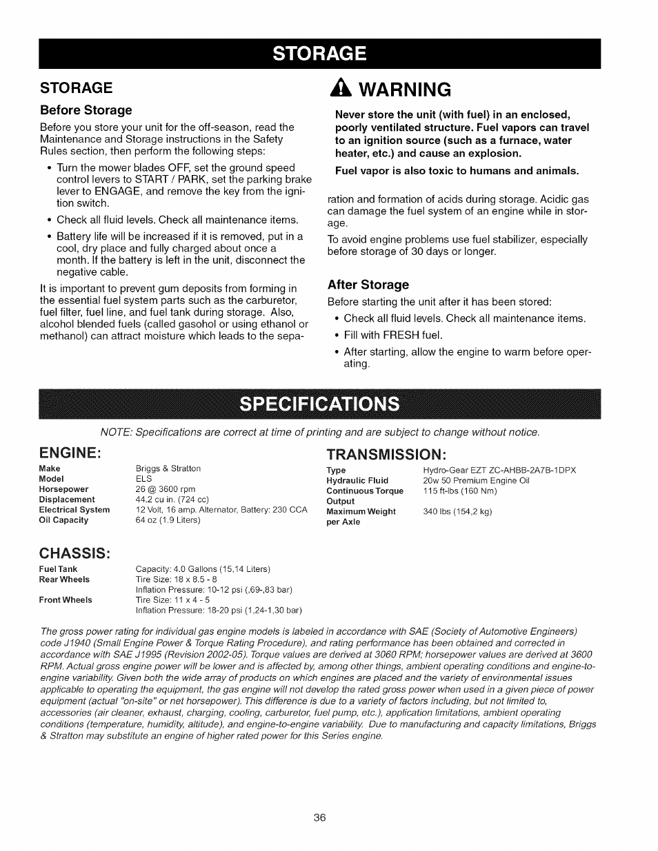 Storage, Before storage, A warning | After storage, Specifications, Transmission, Storage specifications, Warning, Chassis, Engine | Craftsman 107.289920 User Manual | Page 36 / 120