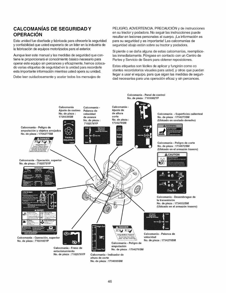 Calcomanias de seguridad y operación | Craftsman 107.289920 User Manual | Page 46 / 120
