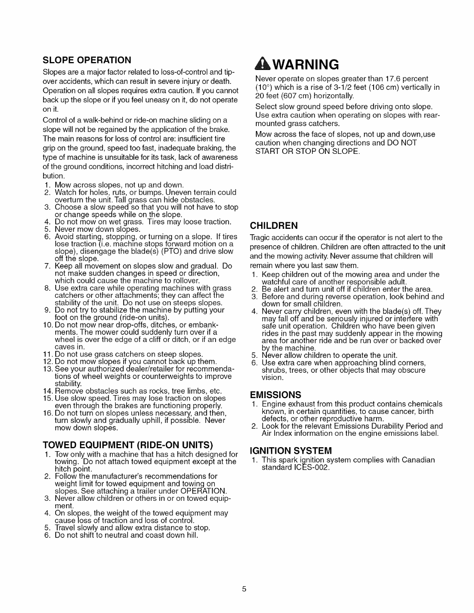 Slope operation, Towed equipment (ride-on units), Warning | Children, Emissions, Ignition system | Craftsman 107.289920 User Manual | Page 5 / 120