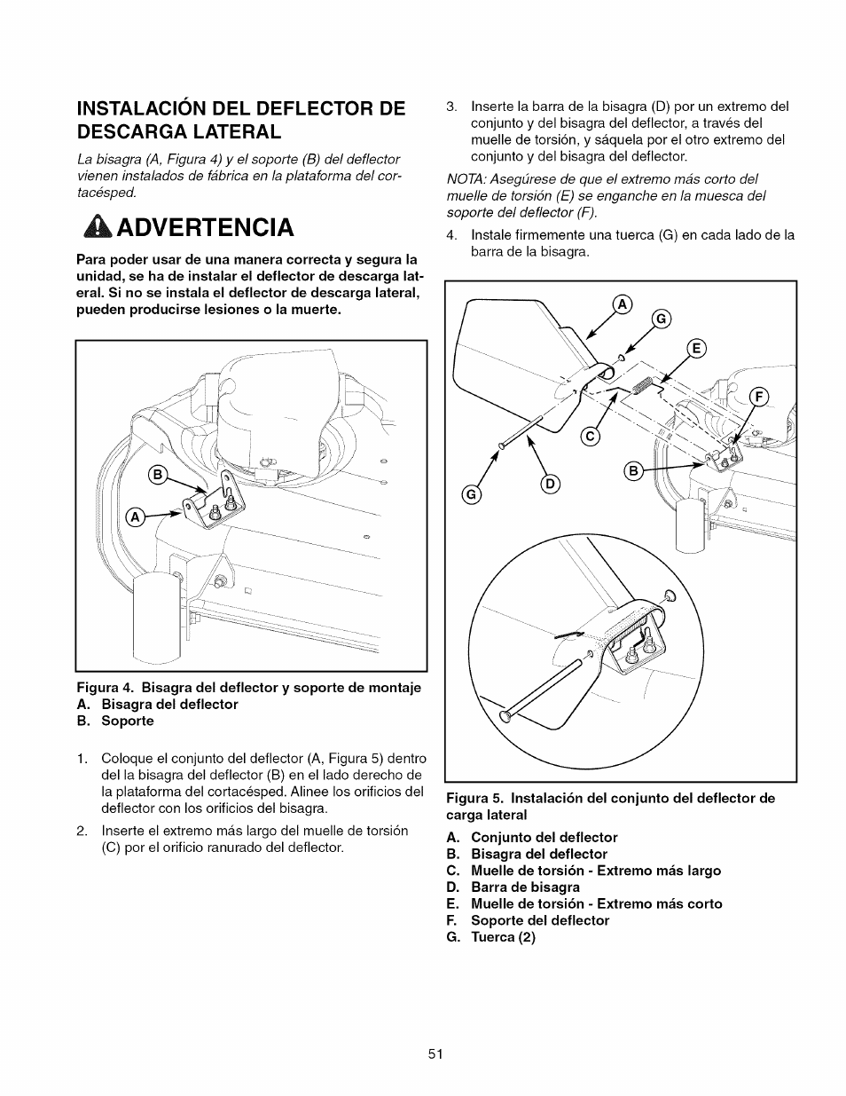 Instalacion del deflector de descarga lateral, A advertencia | Craftsman 107.289920 User Manual | Page 51 / 120