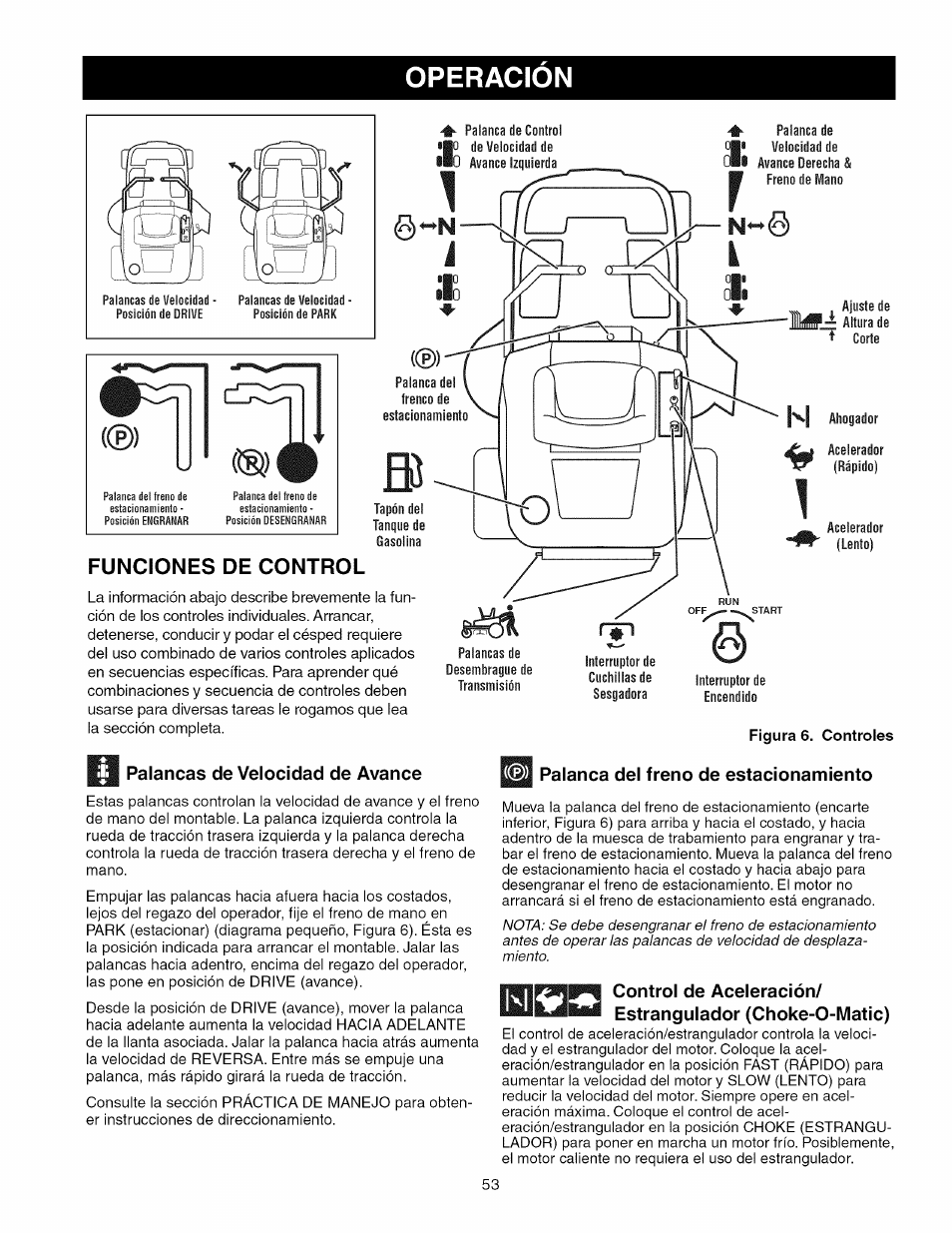 Operacion, Funciones de control, Palancas de velocidad de avance | Palanca del freno de estacionamiento | Craftsman 107.289920 User Manual | Page 53 / 120