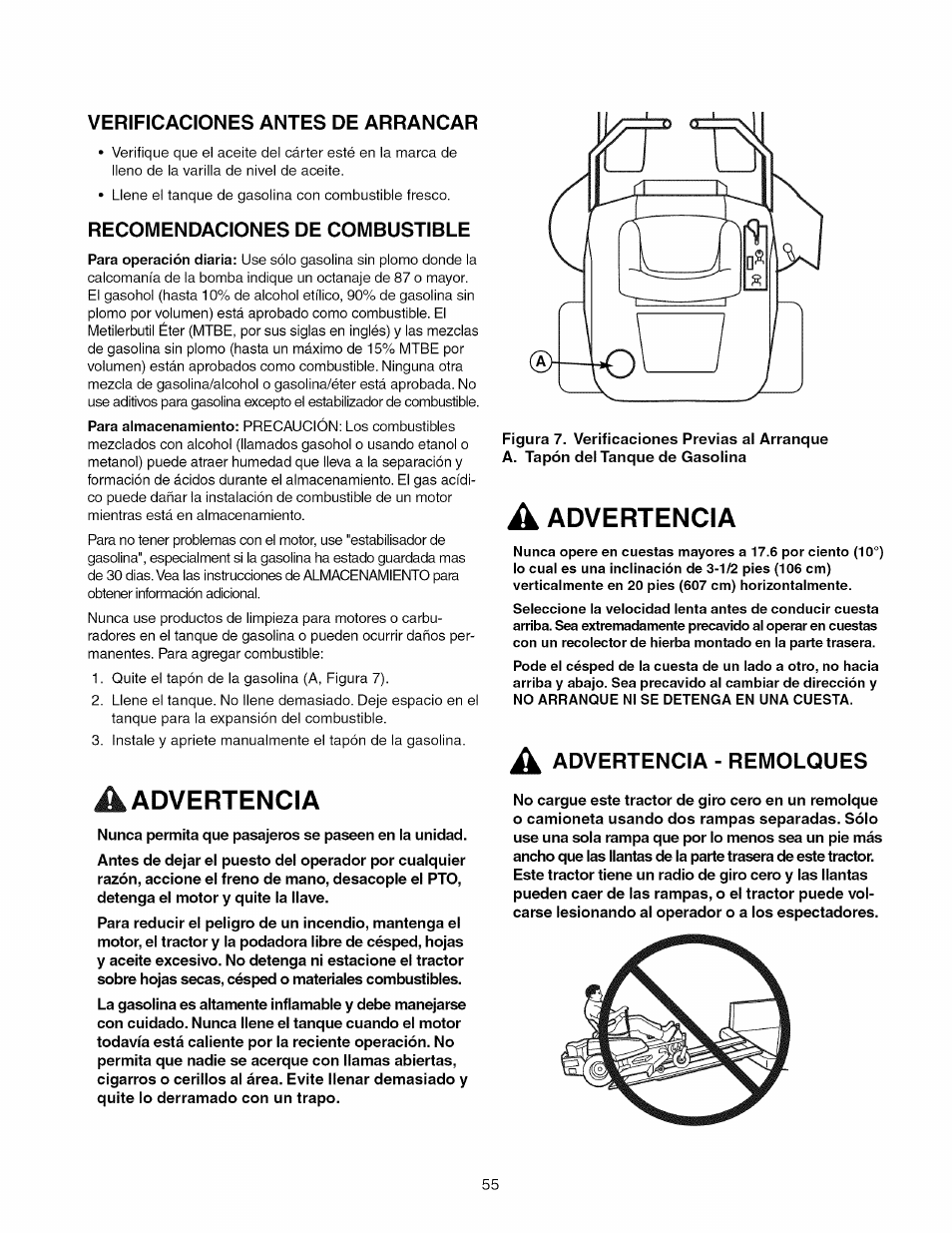 A advertencia, A advertencia - remolques, Advertencia | Verificaciones antes de arrancar, Recomendaciones de combustible | Craftsman 107.289920 User Manual | Page 55 / 120