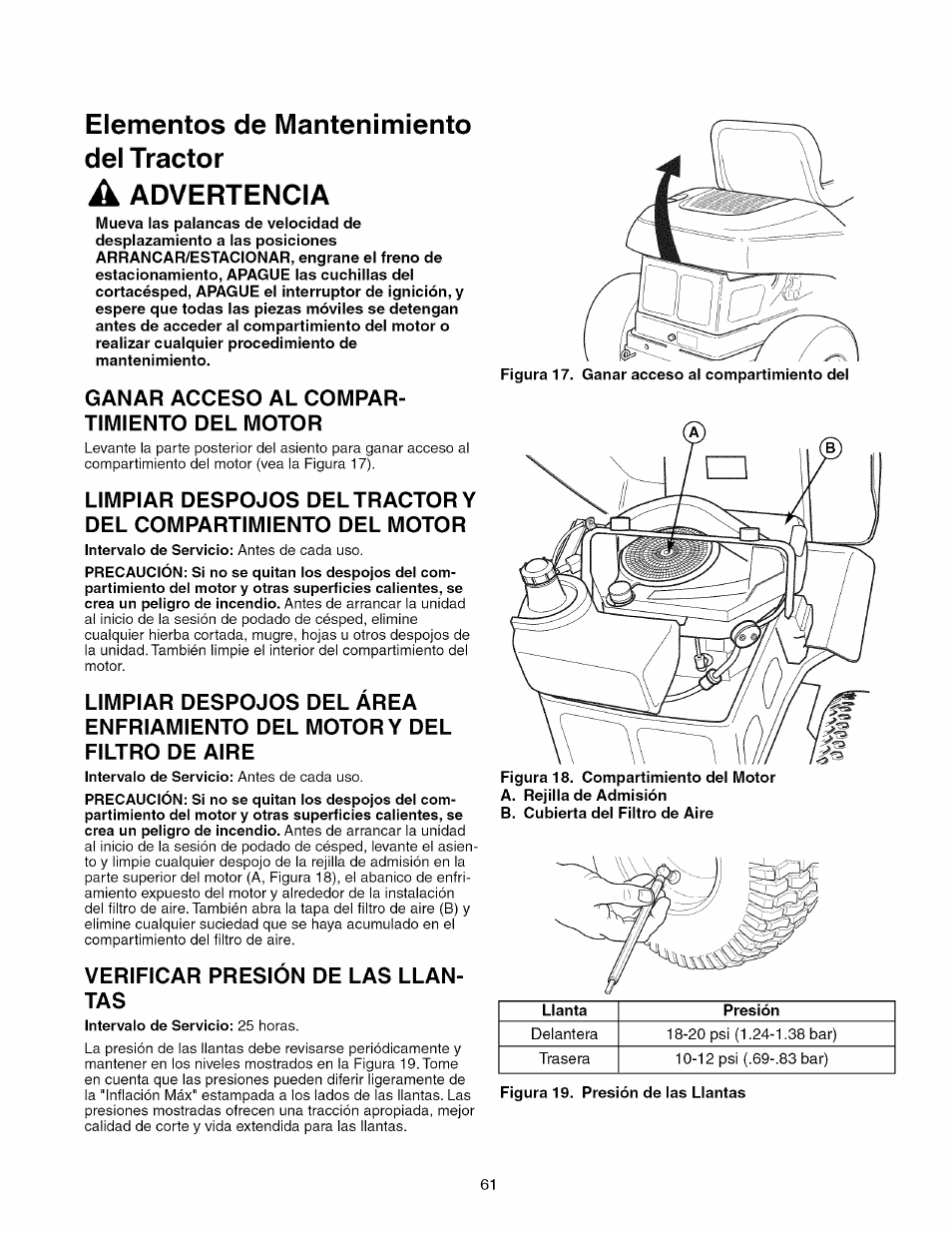 Elementos de mantenimiento del tractor, Advertencia | Craftsman 107.289920 User Manual | Page 61 / 120