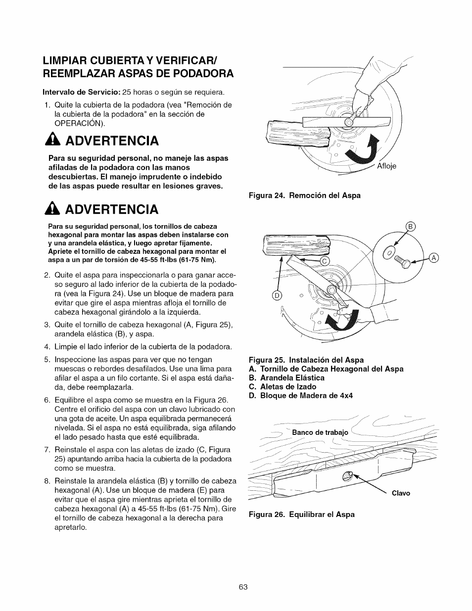 A advertencia, Advertencia | Craftsman 107.289920 User Manual | Page 63 / 120