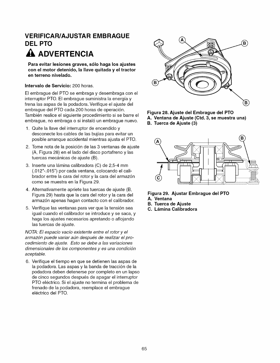 Verificar/ajustar embrague del pto, A advertencia, Advertencia | Craftsman 107.289920 User Manual | Page 65 / 120