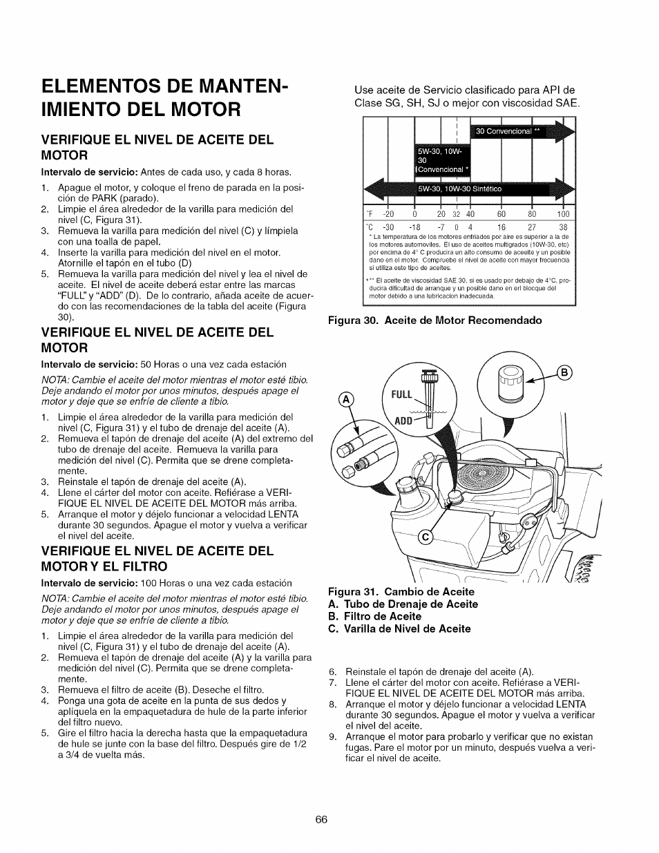 Elementos de mantenimiento del motor, Verifique el nivel de aceite del motor, Verifique el nivel de aceite del motor y el filtro | Elementos de manten­ imiento del motor | Craftsman 107.289920 User Manual | Page 66 / 120