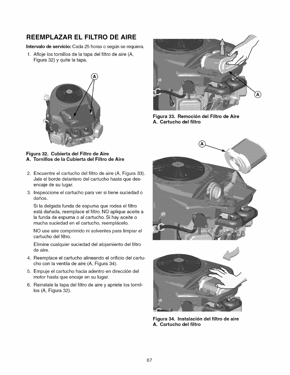 Reemplazar el filtro de aire | Craftsman 107.289920 User Manual | Page 67 / 120
