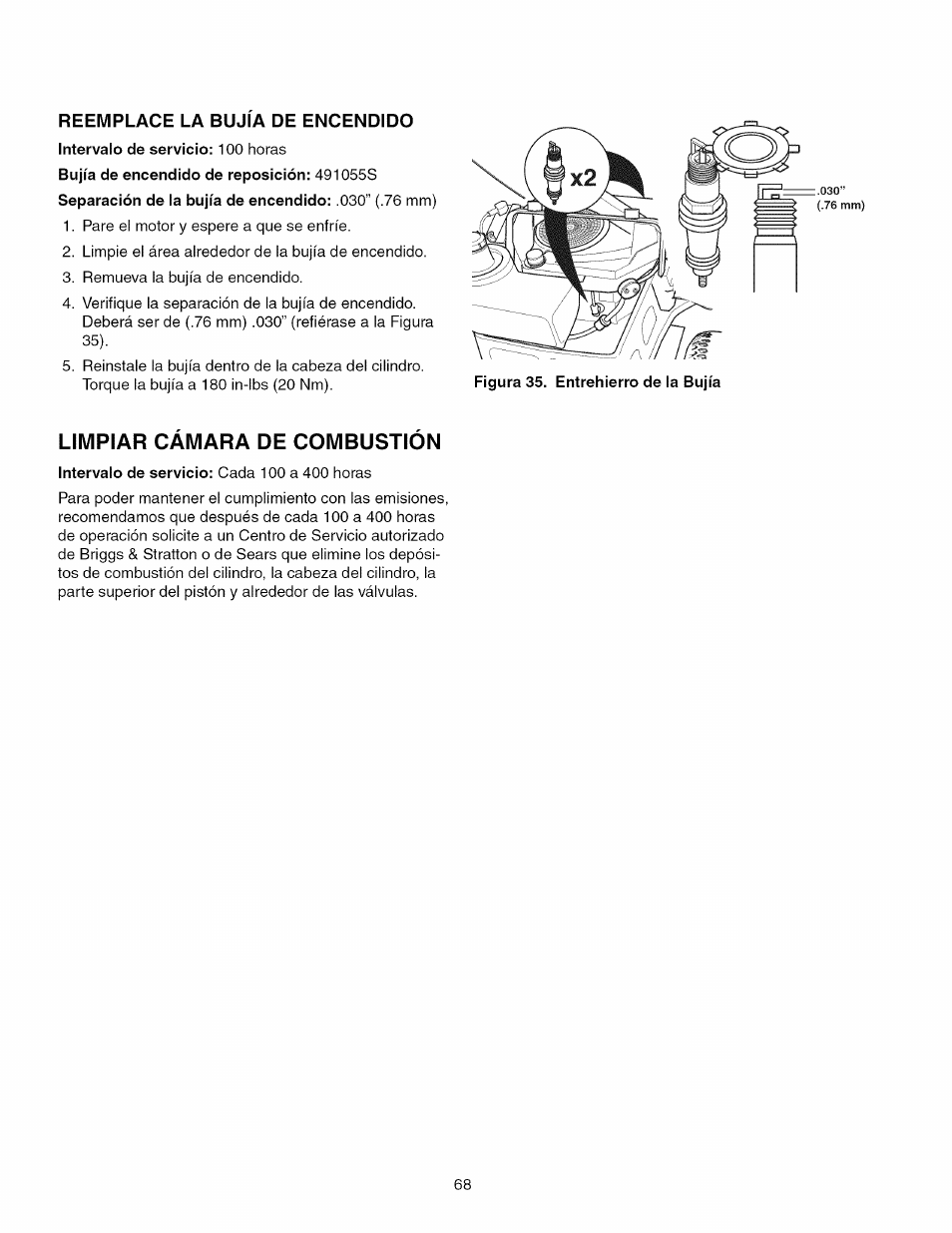 Reemplace la bujia de encendido, Limpiar camara de combustion | Craftsman 107.289920 User Manual | Page 68 / 120