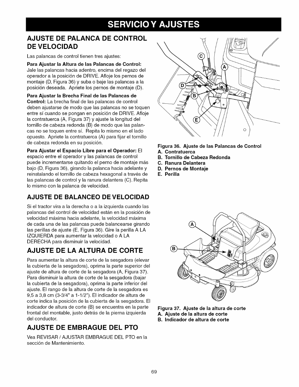 Servicio y ajustes, Ajuste de palanca de control de velocidad, Ajuste de la altura de corte | Ajuste de embrague del pto | Craftsman 107.289920 User Manual | Page 69 / 120