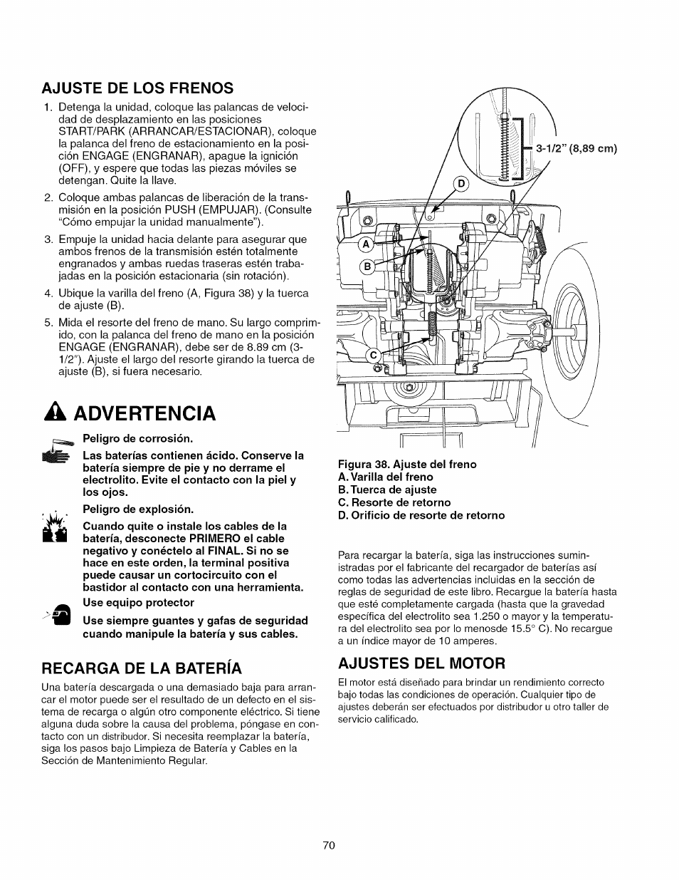 Ajuste de los frenos, A advertencia, Recarga de la bateria | Ajustes del motor, Advertencia | Craftsman 107.289920 User Manual | Page 70 / 120