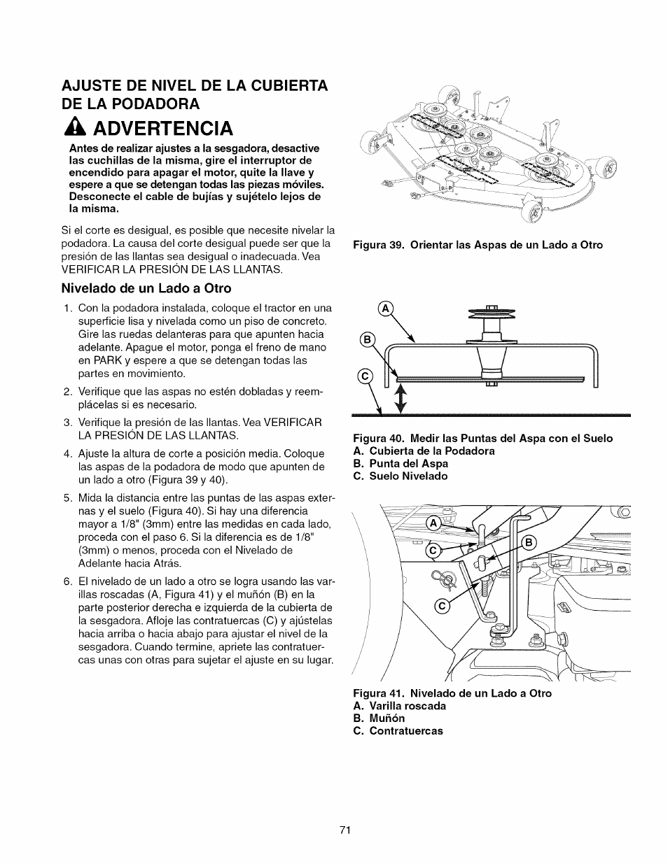 Ajuste de nivel de la cubierta de la rodadora, A advertencia, Nivelado de un lado a otro | Advertencia | Craftsman 107.289920 User Manual | Page 71 / 120