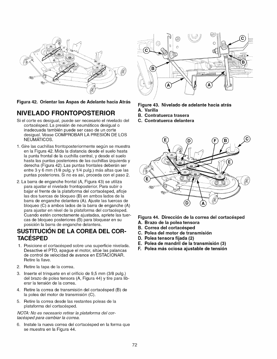 Nivelado frontoposterior, Sustitución de la corea del cor­ tacésped | Craftsman 107.289920 User Manual | Page 72 / 120