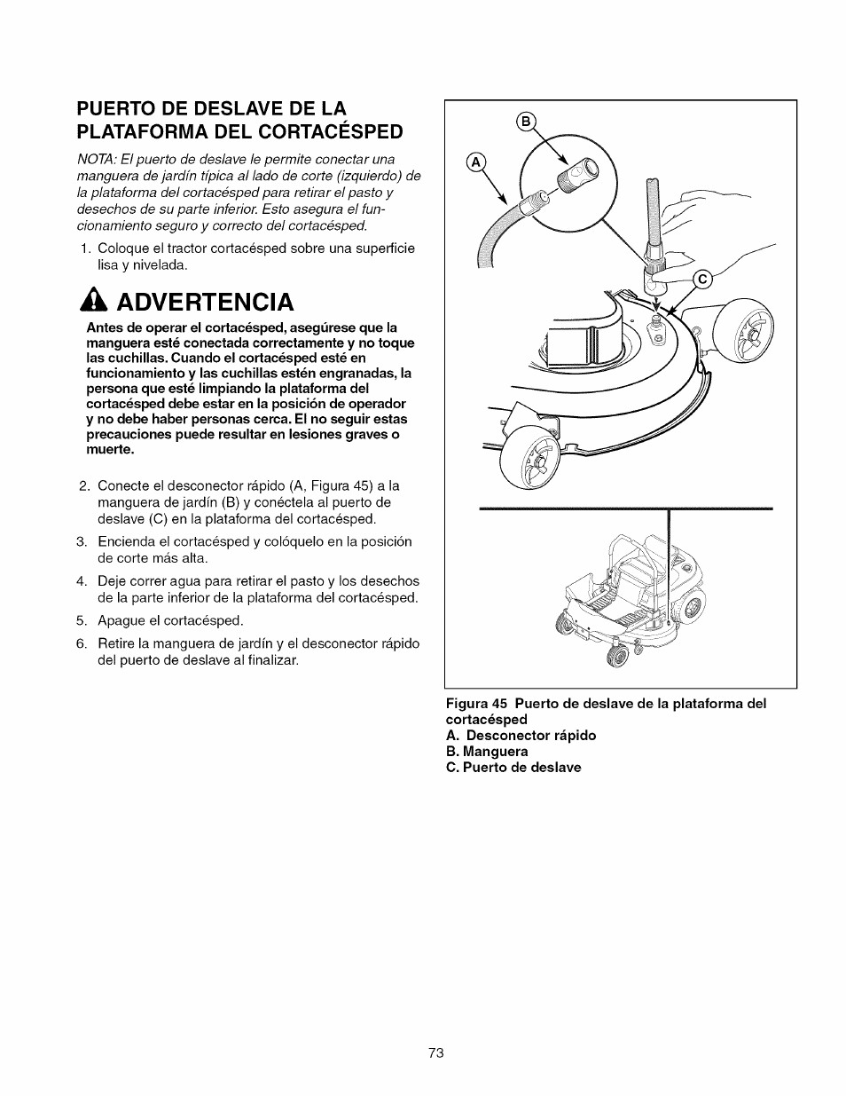 Puerto de deslave de la plataforma del cortacésped, A advertencia, Advertencia | Craftsman 107.289920 User Manual | Page 73 / 120