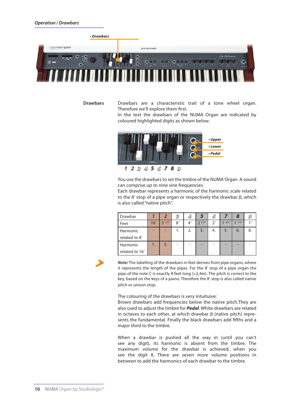 Operation, Drawbars, Operation / drawbars | Studiologic Numa Organ User Manual | Page 10 / 68