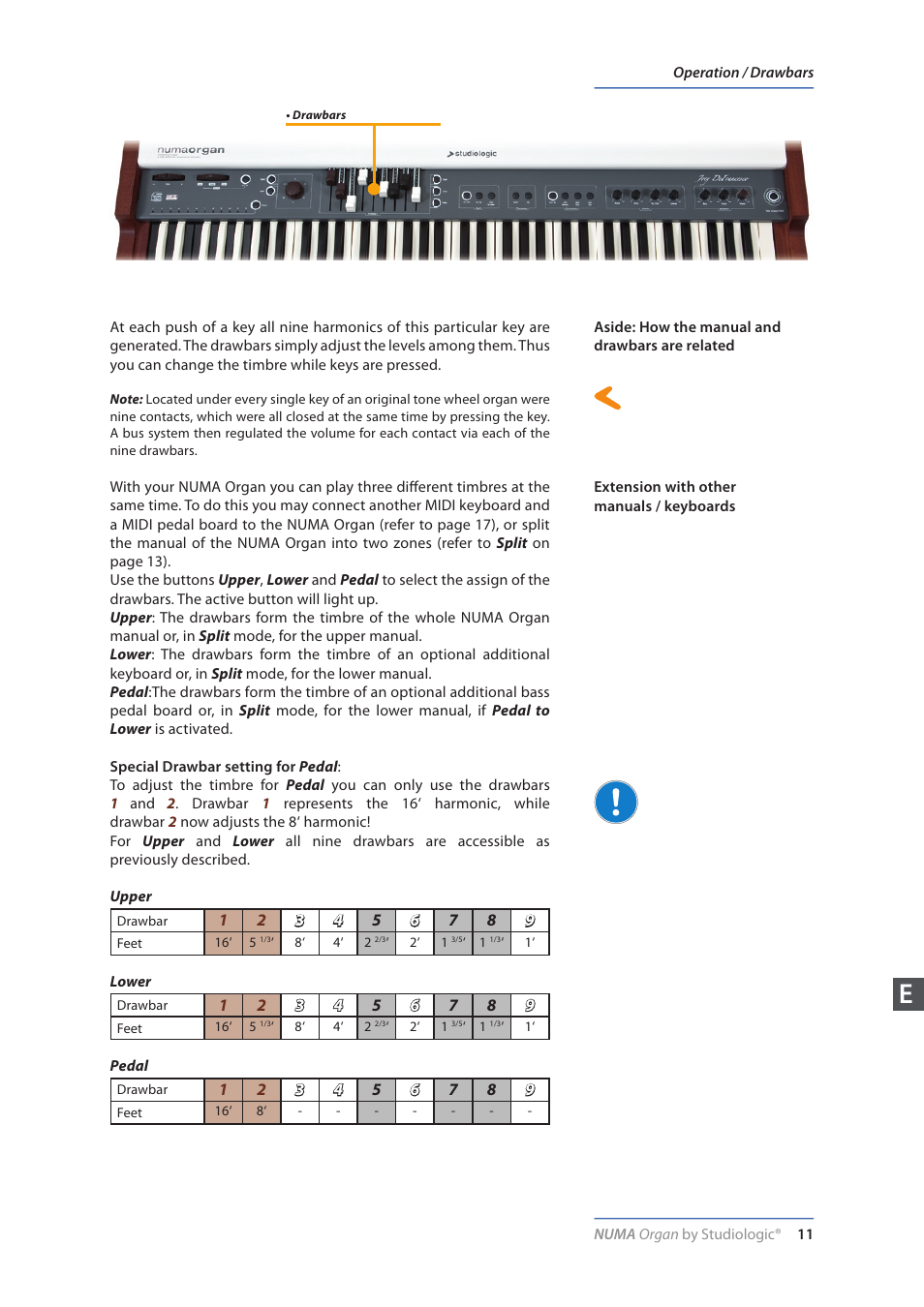 Aside: how the manual and drawbars are related, Extension with other manuals / keyboards | Studiologic Numa Organ User Manual | Page 11 / 68