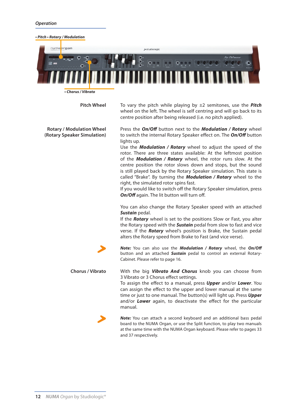 Pitch wheel, Rotary simulation / modulation wheel, Chorus / vibrato | Operation | Studiologic Numa Organ User Manual | Page 12 / 68