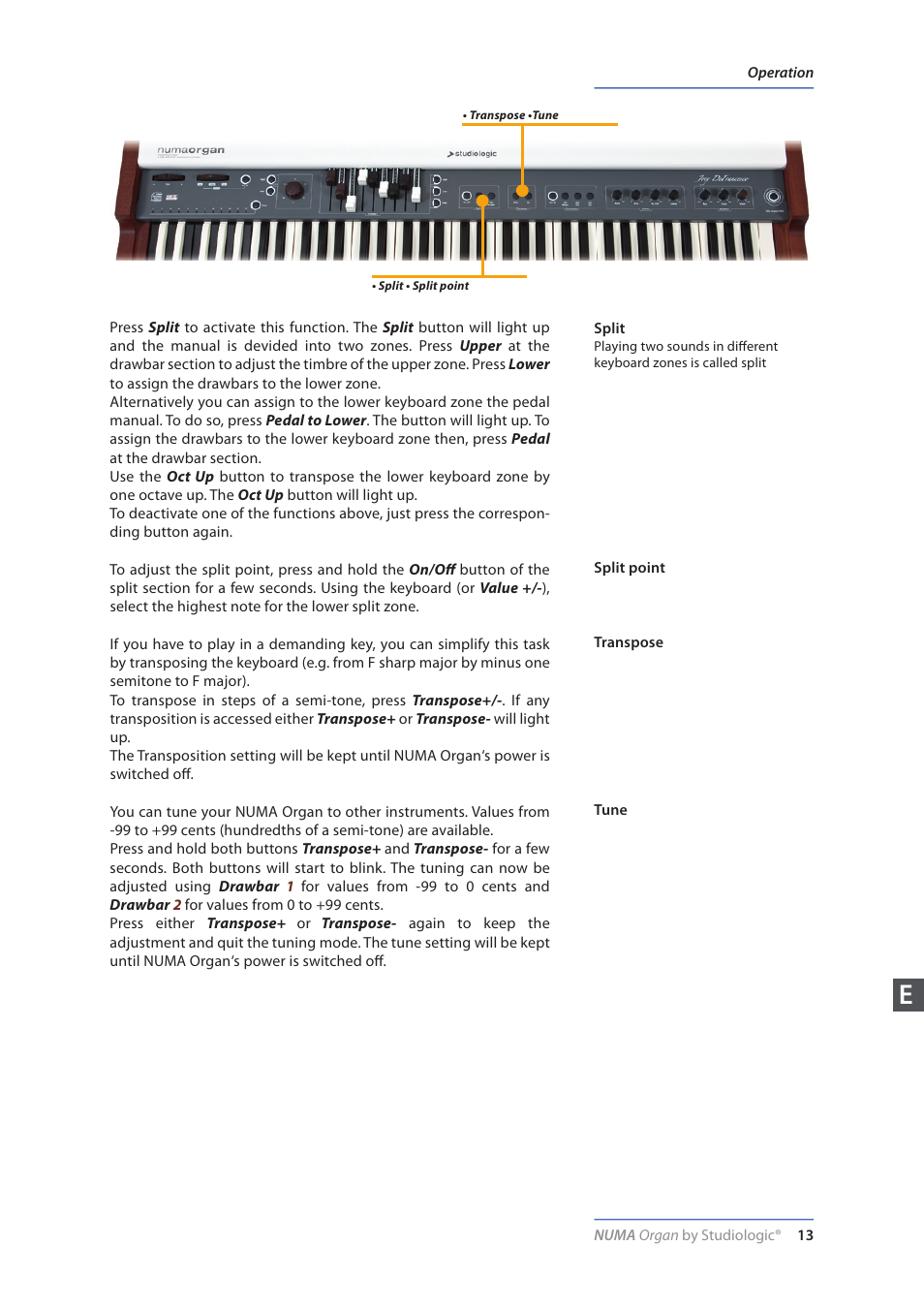 Split, Split point, Transpose | Tune | Studiologic Numa Organ User Manual | Page 13 / 68