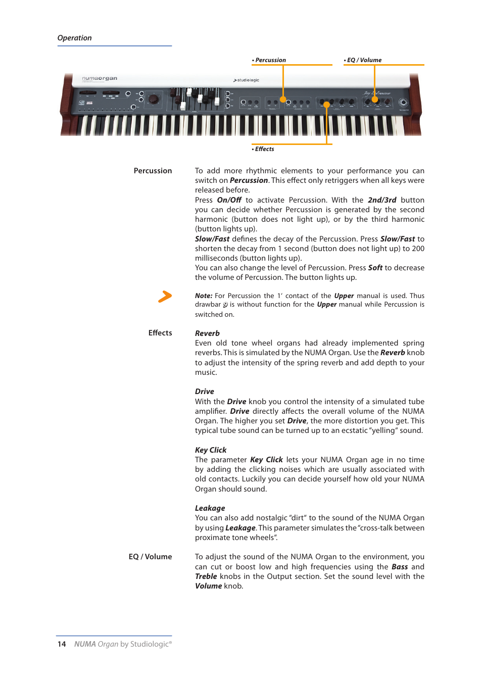 Percussion, Effects, Eq / volume | Effects (reverb, drive, key click, leakage) | Studiologic Numa Organ User Manual | Page 14 / 68