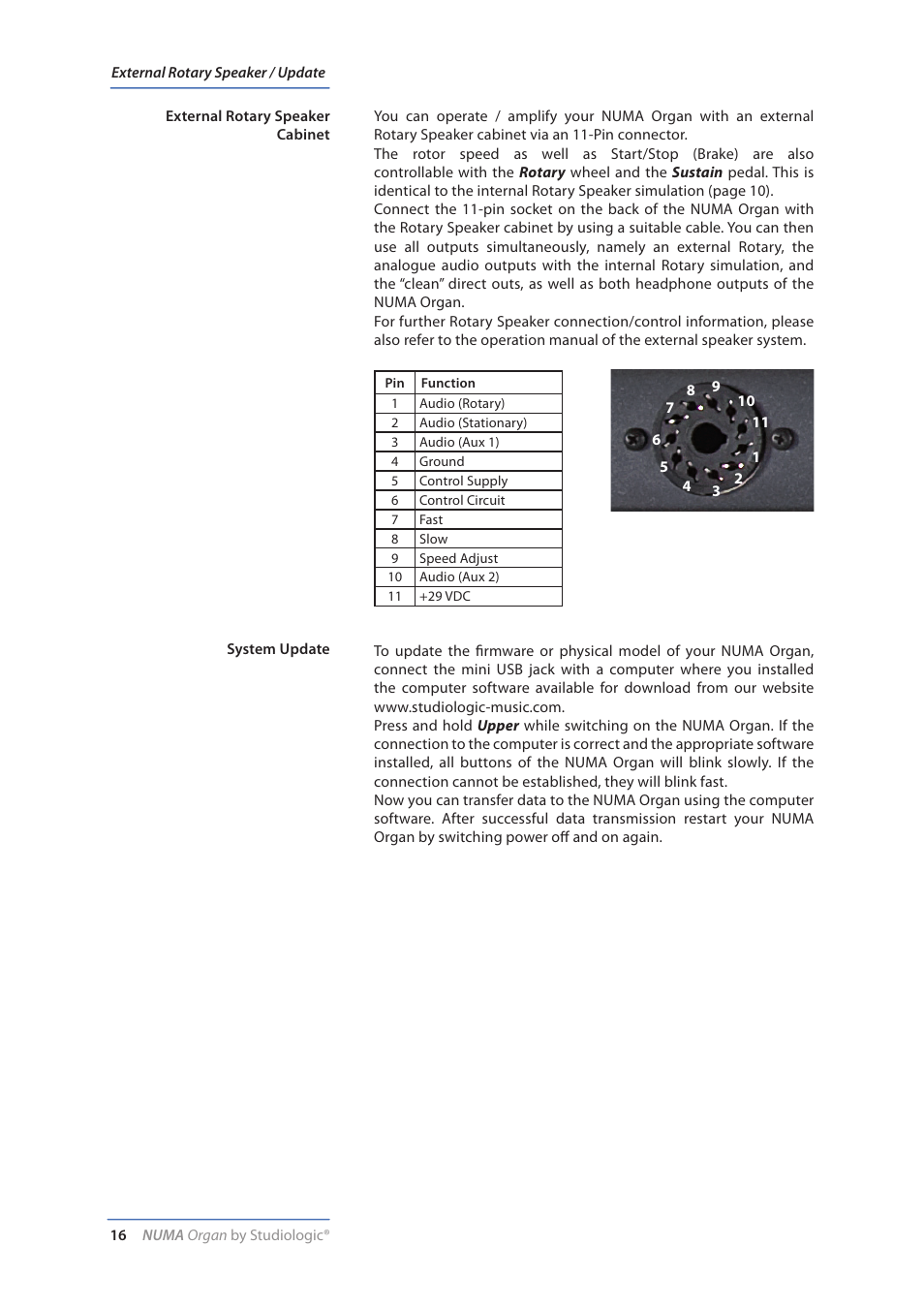 External rotary speaker cabinet, System update | Studiologic Numa Organ User Manual | Page 16 / 68