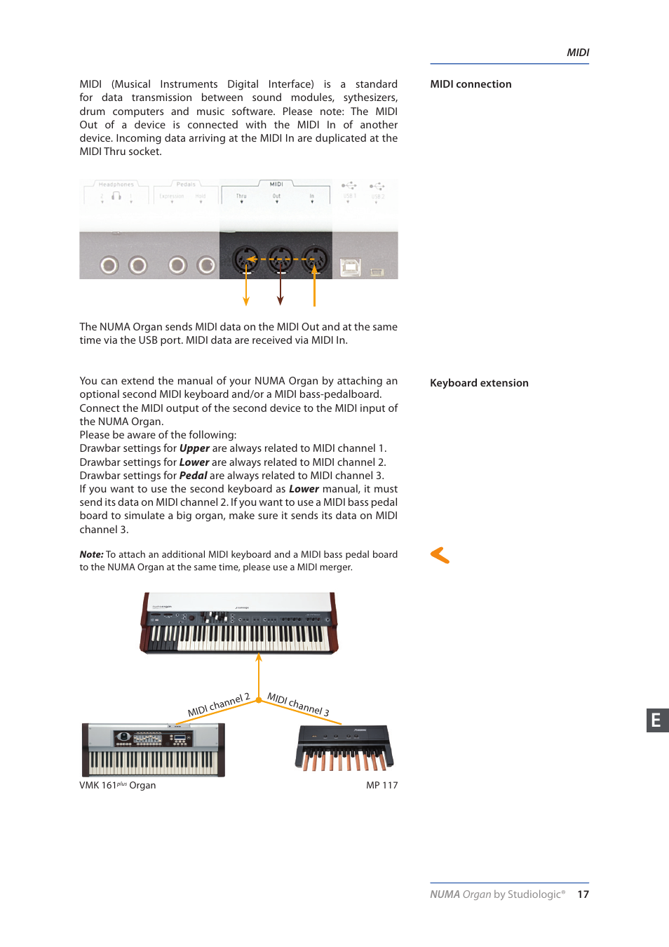 Midi, Midi connection, Keyboard extension | Studiologic Numa Organ User Manual | Page 17 / 68