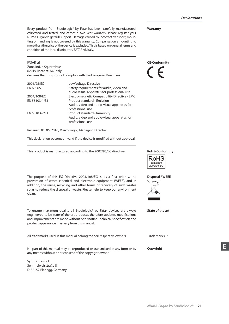 Declarations, Ce / rohs, Weee | Copyright, Rohs | Studiologic Numa Organ User Manual | Page 21 / 68