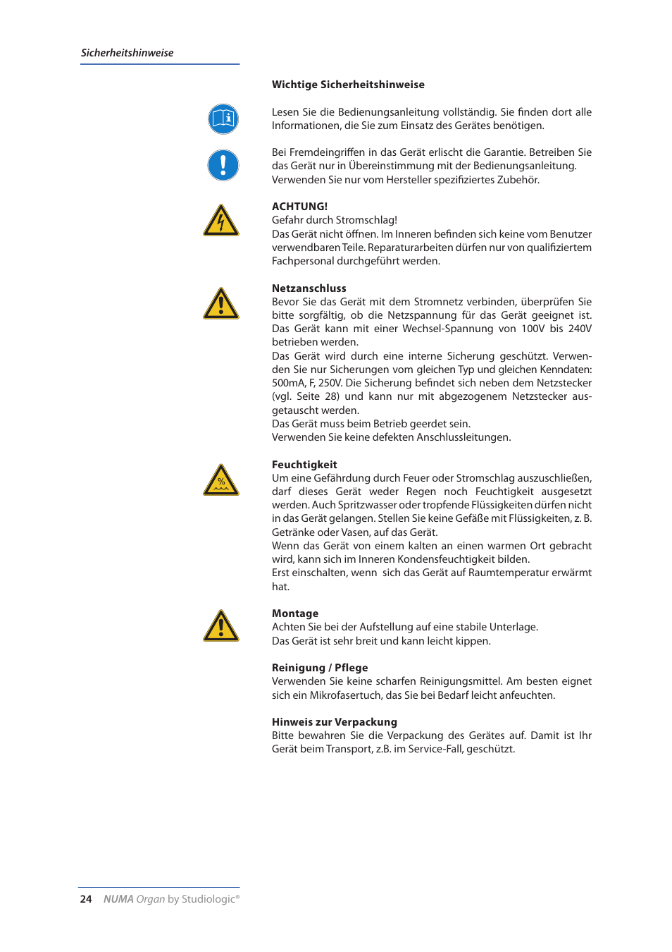 Wichtige sicherheitshinweise | Studiologic Numa Organ User Manual | Page 24 / 68