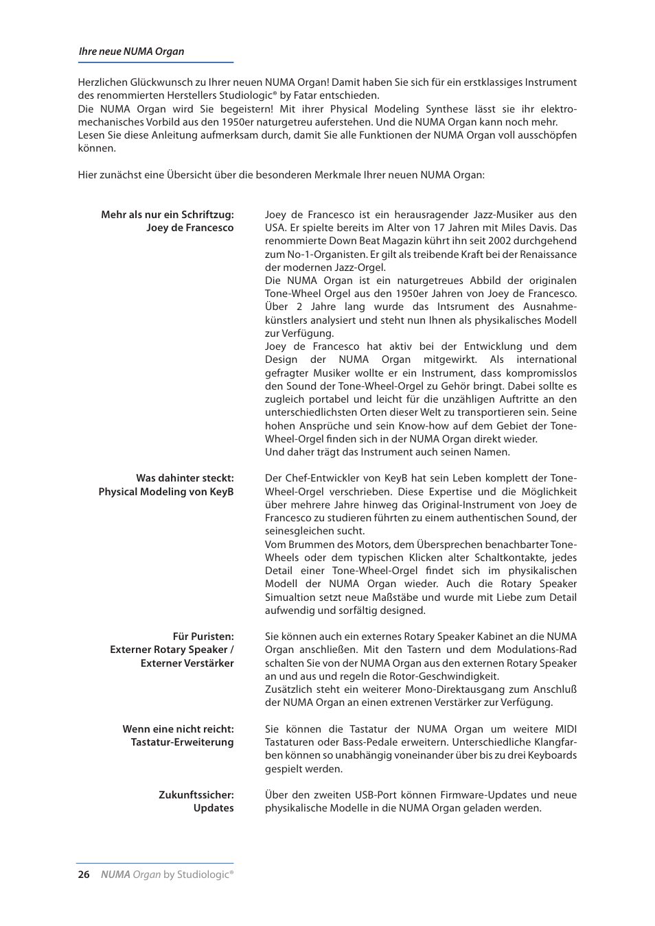 Ihre neue numa organ | Studiologic Numa Organ User Manual | Page 26 / 68